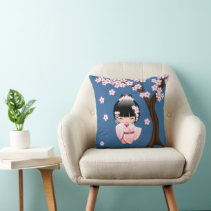 White Kimono Kokeshi Doll - Cute Geisha Girl Cushion