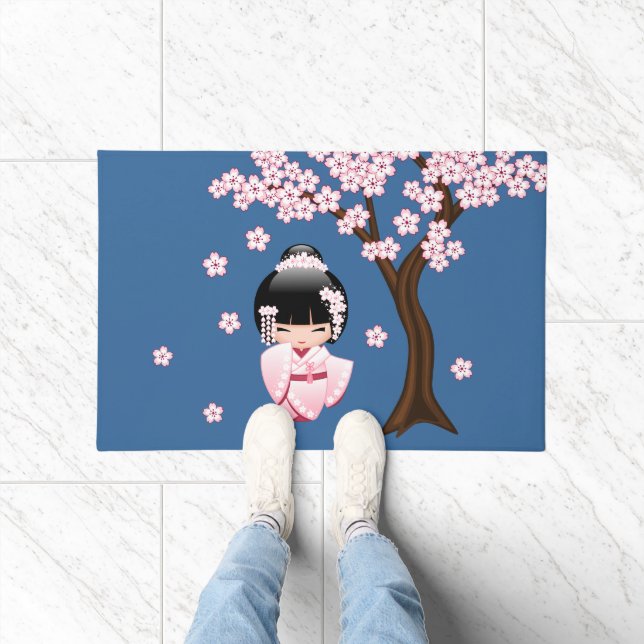 White Kimono Kokeshi Doll - Cute Geisha Girl Doormat (Indoor)