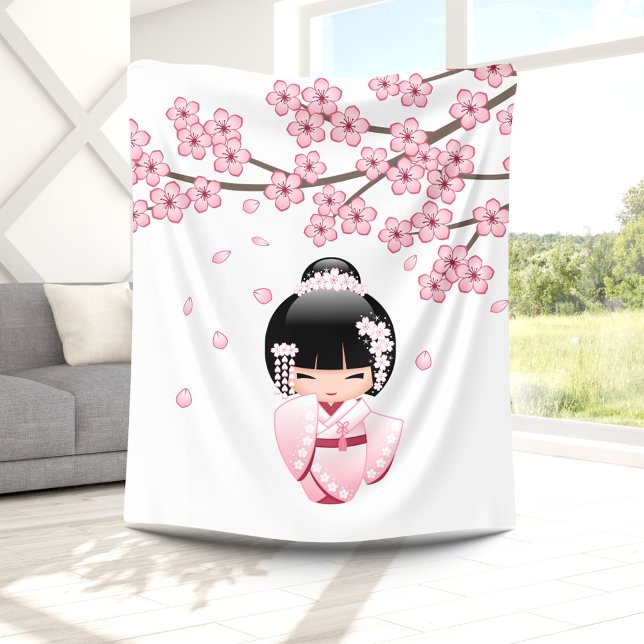 White Kimono Kokeshi Doll - Cute Geisha Girl Fleece Blanket (Creator Uploaded)