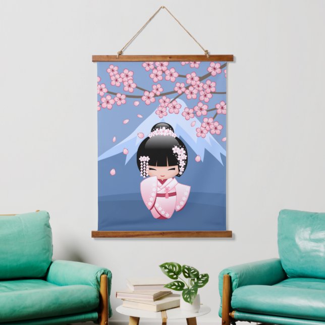 White Kimono Kokeshi Doll - Cute Geisha Girl Hanging Tapestry (Living Room)