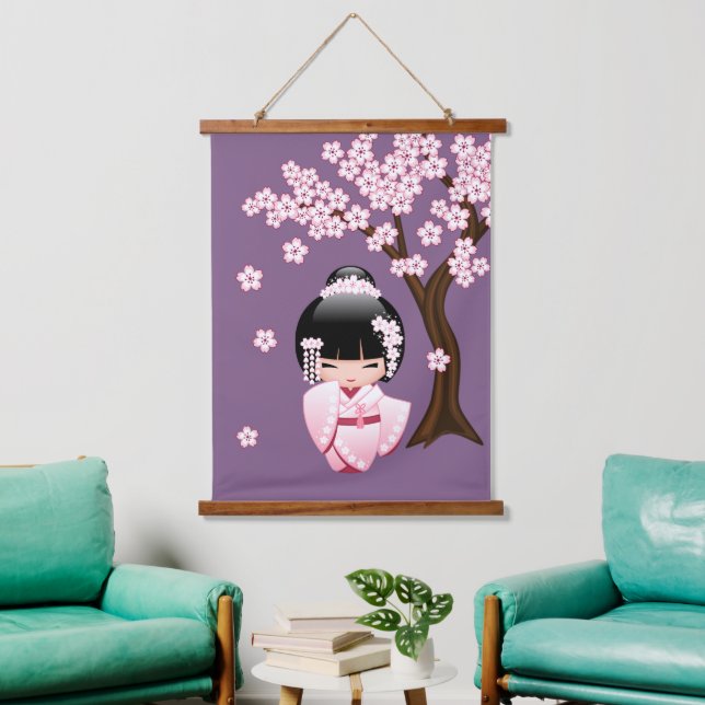 White Kimono Kokeshi Doll - Cute Geisha Girl Hanging Tapestry (Living Room)