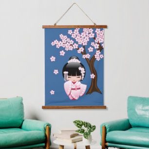 White Kimono Kokeshi Doll - Cute Geisha Girl Hanging Tapestry