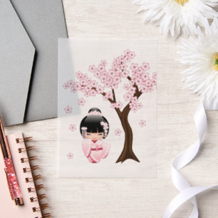 White Kimono Kokeshi Doll Cute Geisha Girl Insert Vellum Invitations