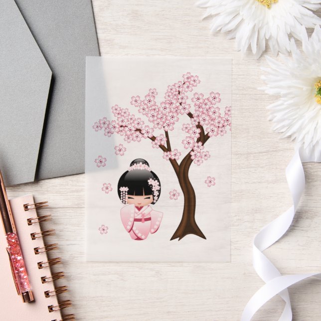 White Kimono Kokeshi Doll Cute Geisha Girl Insert Vellum Invitations (Wedding)