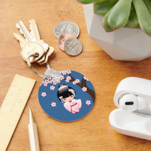 White Kimono Kokeshi Doll - Cute Geisha Girl Key Ring