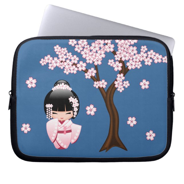White Kimono Kokeshi Doll - Cute Geisha Girl Laptop Sleeve (Front)