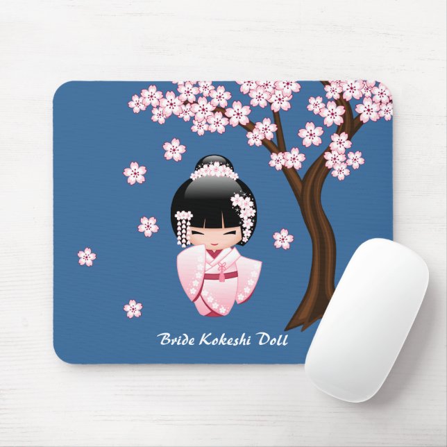 White Kimono Kokeshi Doll - Cute Geisha Girl Mouse Mat (With Mouse)