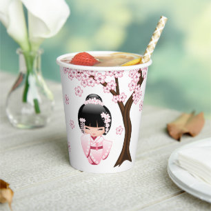 White Kimono Kokeshi Doll - Cute Geisha Girl Paper Cups