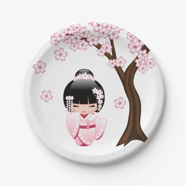 White Kimono Kokeshi Doll - Cute Geisha Girl Paper Plate (Front)