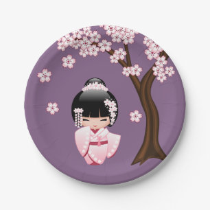 White Kimono Kokeshi Doll - Cute Geisha Girl Paper Plate