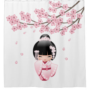 White Kimono Kokeshi Doll Cute Geisha Girl Pink Shower Curtain
