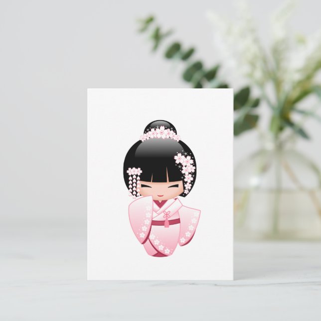 White Kimono Kokeshi Doll - Cute Geisha Girl Postcard (Standing Front)