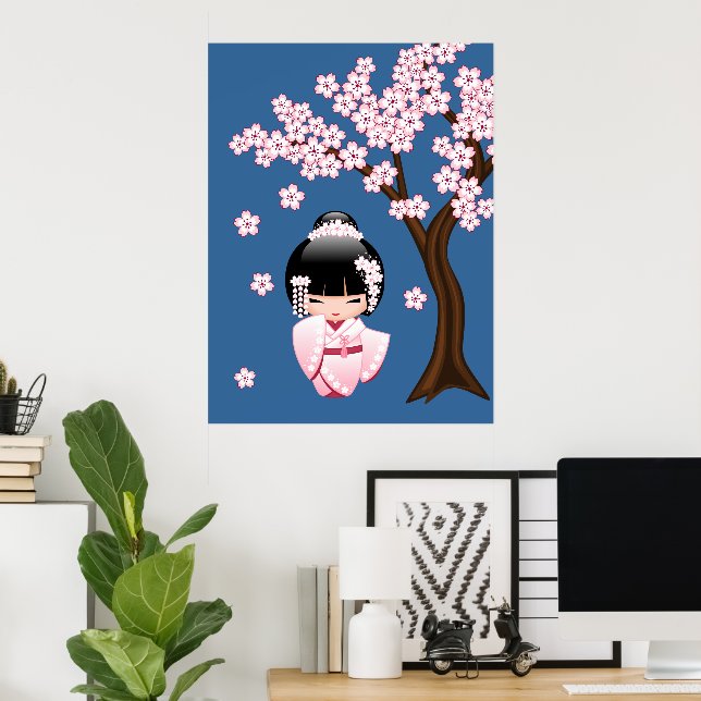 White Kimono Kokeshi Doll - Cute Geisha Girl Poster (Home Office)