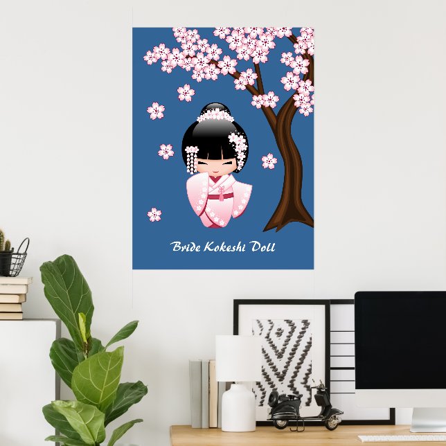 White Kimono Kokeshi Doll - Cute Geisha Girl Poster (Home Office)