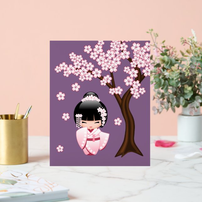 White Kimono Kokeshi Doll Cute Geisha Girl Purple Acrylic Sign (Wedding)