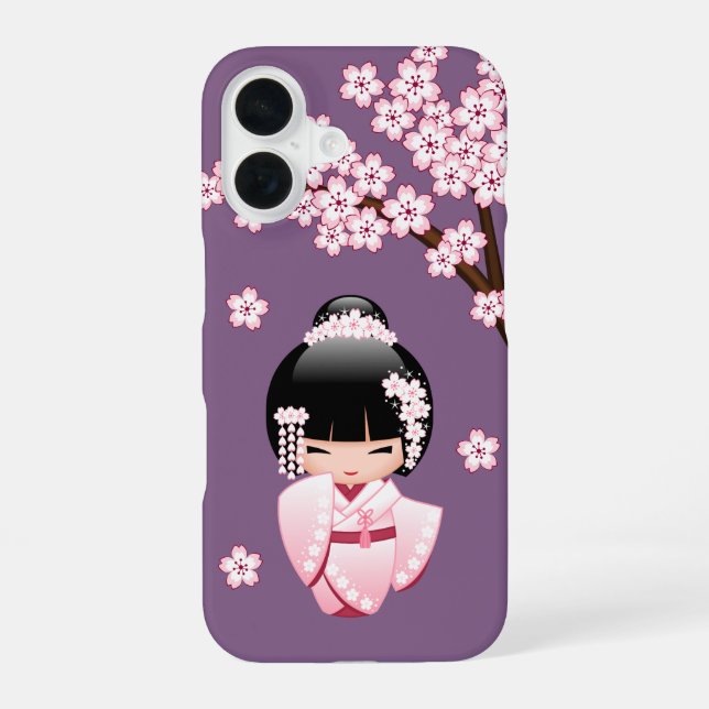 White Kimono Kokeshi Doll Cute Geisha Girl Purple iPhone 16 Case (Back)