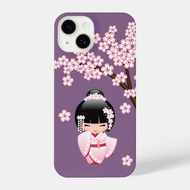 White Kimono Kokeshi Doll Cute Geisha Girl Purple iPhone Case (Back)