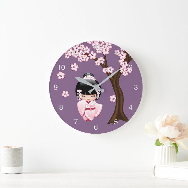 White Kimono Kokeshi Doll Cute Geisha Girl Purple Large Clock (Home)