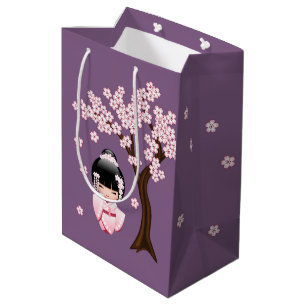 White Kimono Kokeshi Doll Cute Geisha Girl Purple Medium Gift Bag