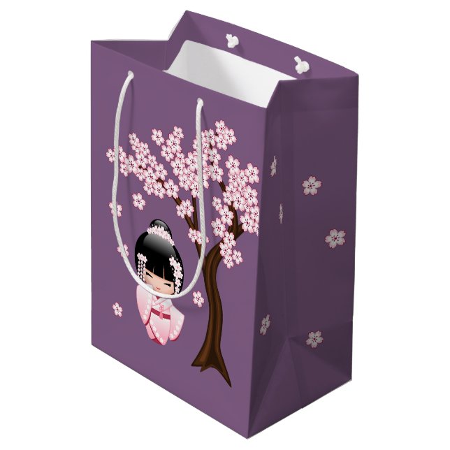 White Kimono Kokeshi Doll Cute Geisha Girl Purple Medium Gift Bag (Back Angled)