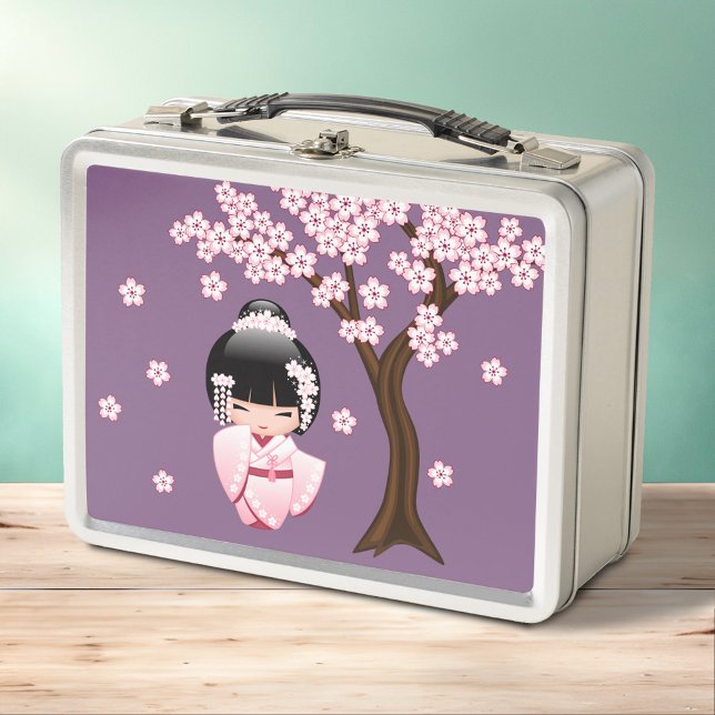 White Kimono Kokeshi Doll Cute Geisha Girl Purple Metal Lunch Box (Creator Uploaded)