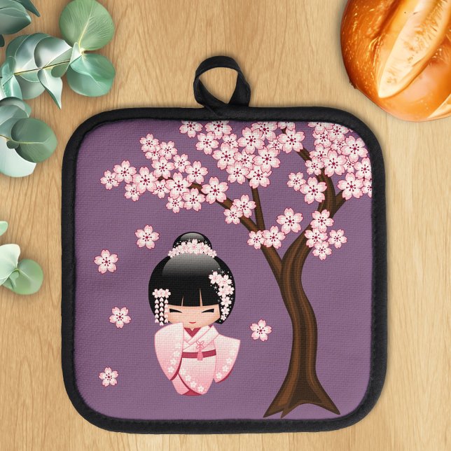 White Kimono Kokeshi Doll Cute Geisha Girl Purple Pot Holder (Creator Uploaded)