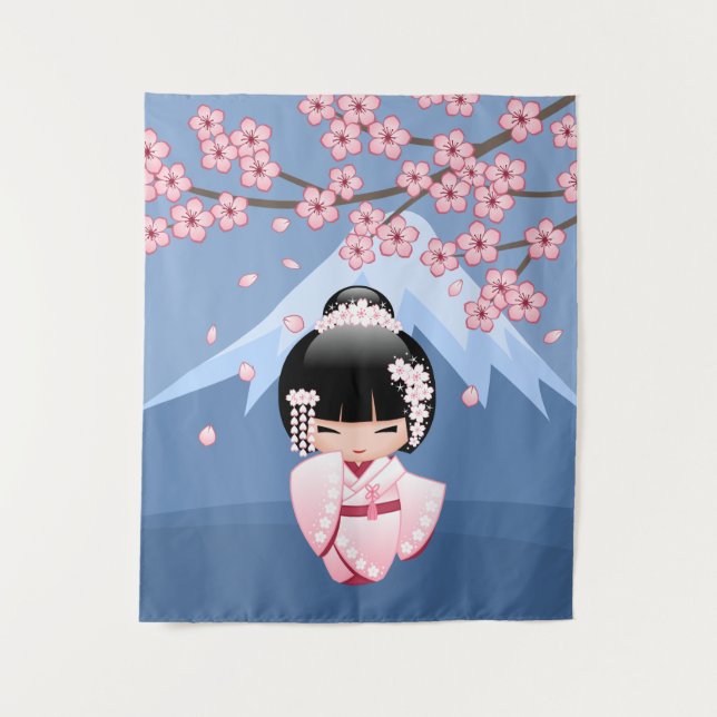White Kimono Kokeshi Doll - Cute Geisha Girl Tapestry (Front)