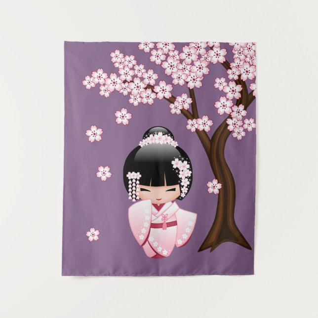 White Kimono Kokeshi Doll - Cute Geisha Girl Tapestry (Front)