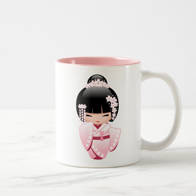 White Kimono Kokeshi Doll - Cute Geisha Girl Two-Tone Coffee Mug (Right)