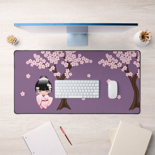 White Kimono Kokeshi Doll Cute Geisha Purple Desk Mat (Office 1)