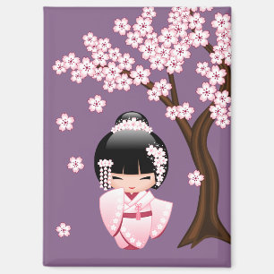 White Kimono Kokeshi Doll - Cute Geisha Purple Magnet