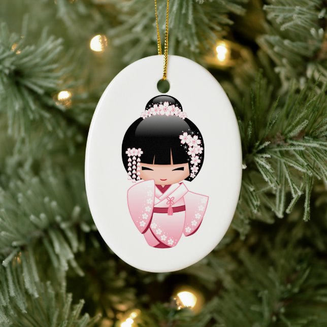 White Kimono Kokeshi Doll - Geisha Girl Ceramic Tree Decoration (Tree)