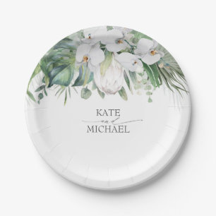 White King Protea and Orchids Tropical Wedding Paper Plate