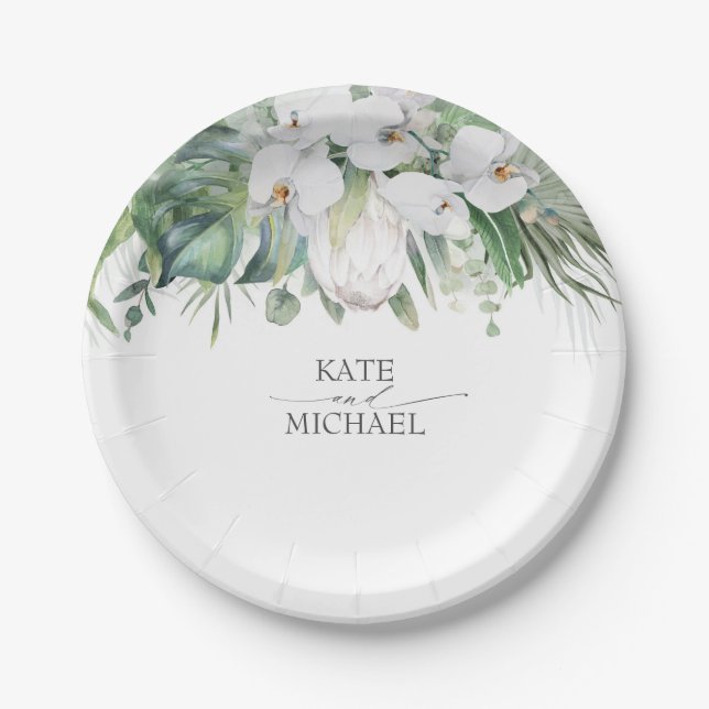 White King Protea and Orchids Tropical Wedding Paper Plate (Front)