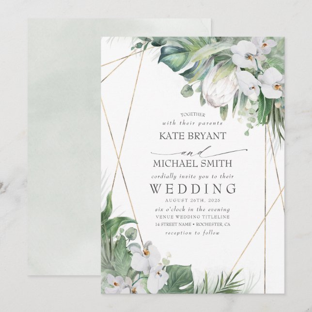 White King Protea Orchids Tropical Floral Wedding Invitation (Front/Back)