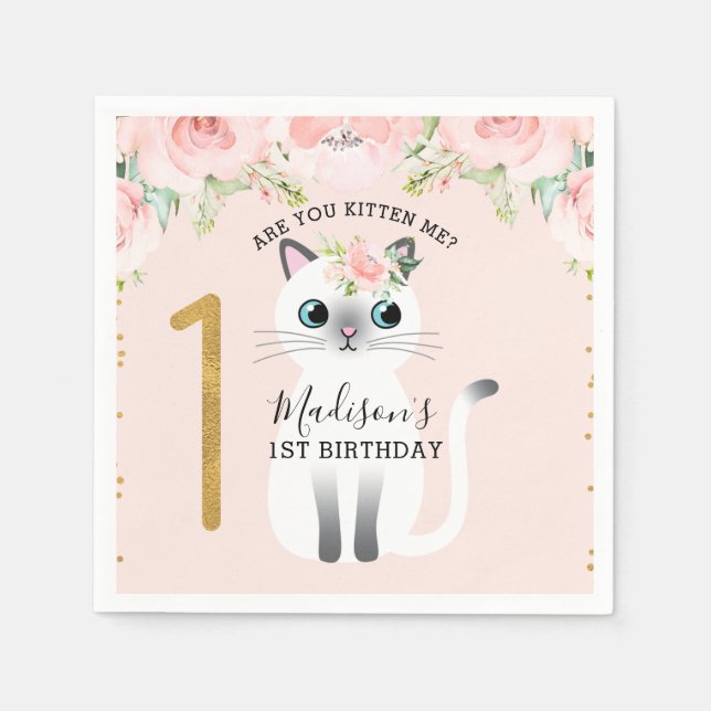 White Kitten Are You Kitten Me 1st Birthday Paper Napkin (Front)