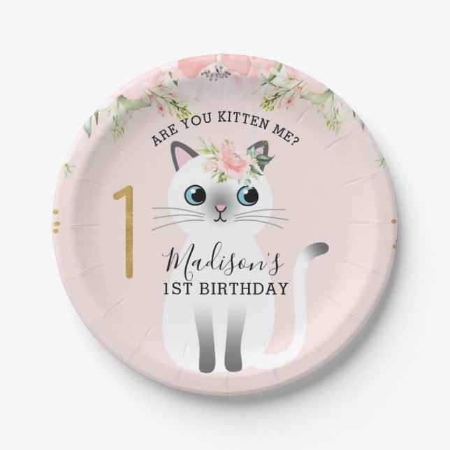 White Kitten Are You Kitten Me 1st Birthday Paper Plate (Front)
