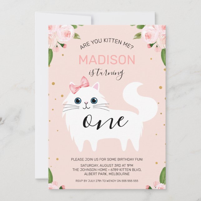 White Kitten Are You Kitten Me Birthday Invitation (Front)