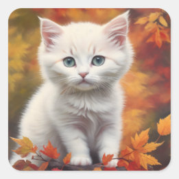 White Kitten Autumn Leaves Portrait Square Sticker