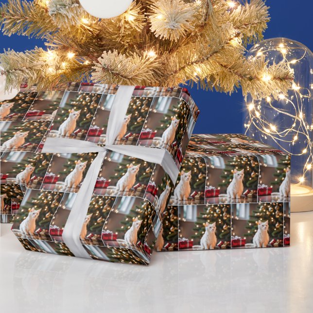White Kitten By Christmas Tree Wrapping Paper (Holidays)