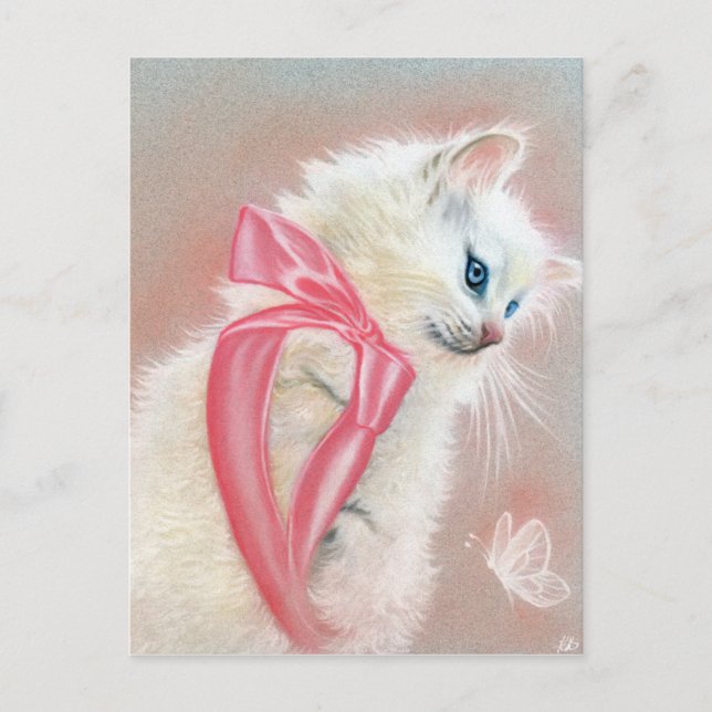 White Kitten Cat Pink Bow Postcard (Front)