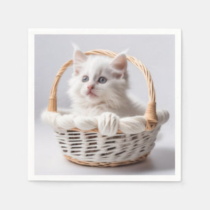 White Kitten In a Basket Napkin