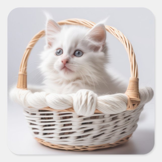 White Kitten In a Basket Square Sticker (Front)