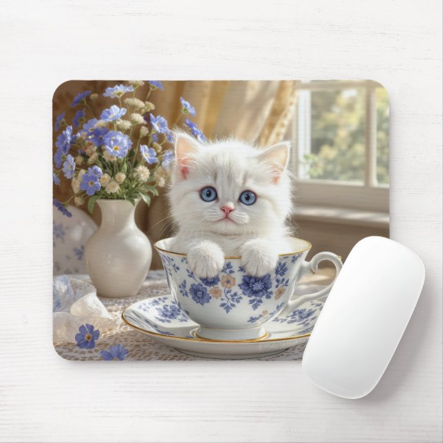White Kitten In a Teacup Mouse Mat (With Mouse)