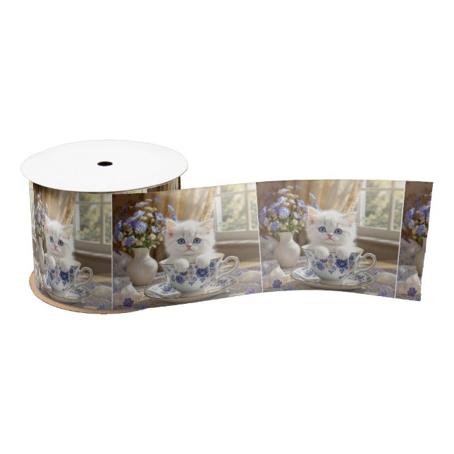 White Kitten In a Teacup Satin Ribbon (Spool)