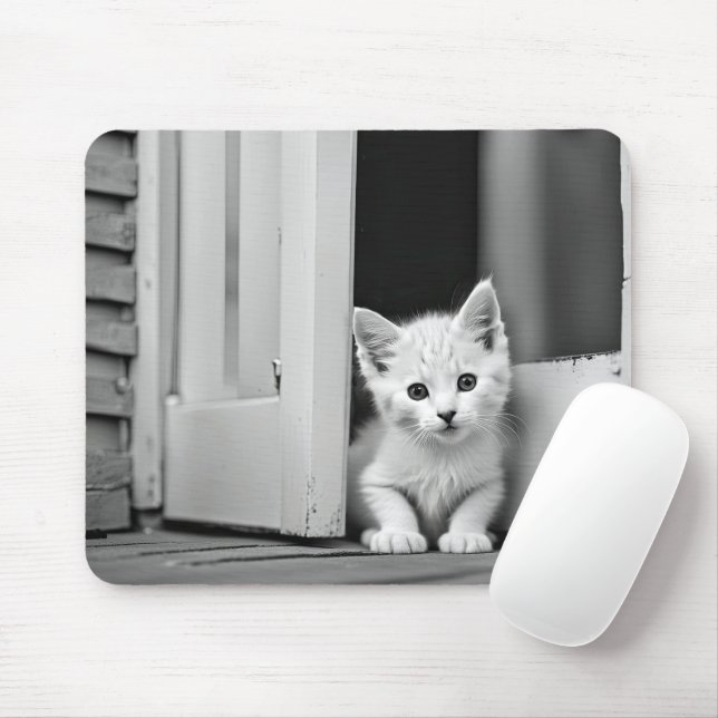 White Kitten In Doorway Mouse Mat (With Mouse)