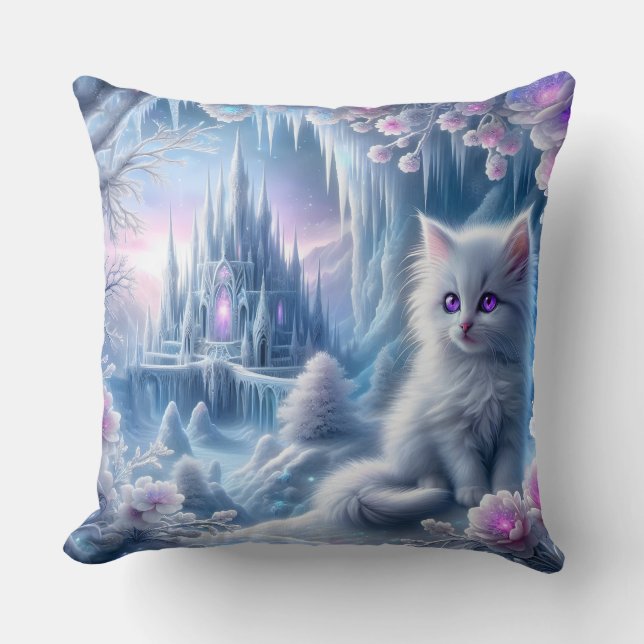 White Kitten in Fantasy Ice Kingdom Cushion (Front)