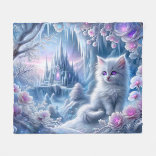 White Kitten in Fantasy Ice Kingdom Fleece Blanket