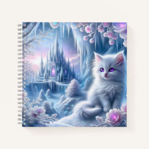 White Kitten in Fantasy Ice Kingdom Notebook