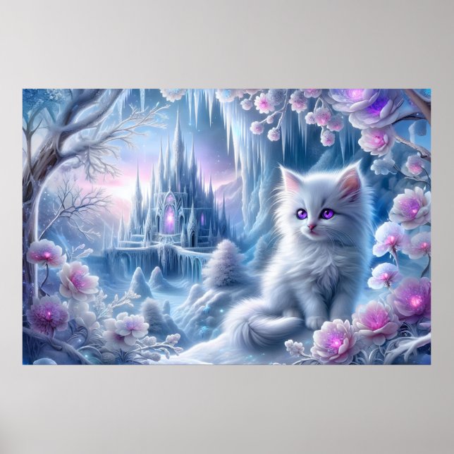 White Kitten in Fantasy Ice Kingdom  Poster (Front)